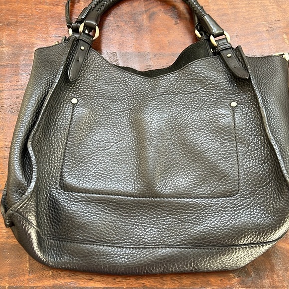 COLE HAAN Black Leather Pebble Textured Braded Handles Satchel Bag Tote Purse - Picture 11 of 15